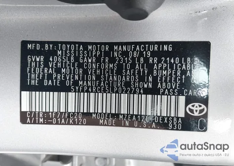 2020 Toyota Corolla Se z USA, uszkodzony, nr VIN 5YFP4RCE5LP022794